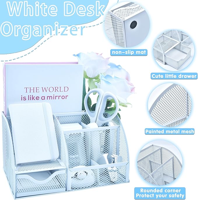 White Desk Accessories, 25Pcs White Office Supplies and Desk Organizers, with Tape Dispenser, Stapler, Staple Remover, Ect, Gift Box Packaging
