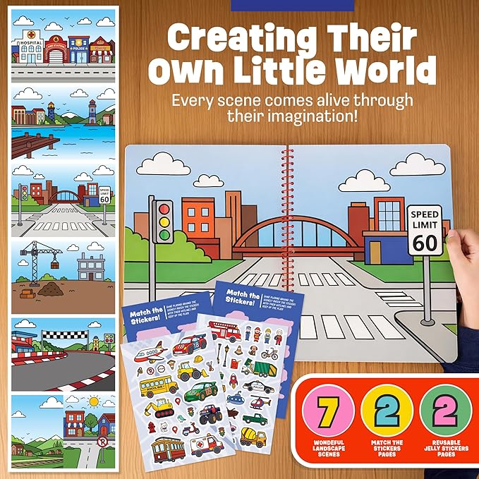 Reusable Sticker Book - Vehicles Stickers for Toddlers & Kids 3-5: Boys Easter Basket Stuffers & Easter Basket Essentials - Fun Activity in Airplane & Cars, Jelly Sticker Books for Toddlers 1-3 2-4