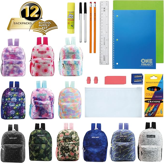 12-Pack 17” Sport Backpacks with 18 Piece School Supplies Kits - Pens, Pencils, Crayons – Bulk Bundle for Elementary, Middle, and High School Students, 12 Assorted Styles