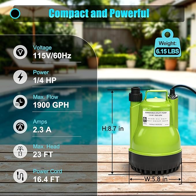 1/4HP Utility Pump 1900GPH Portable Submersible Sump Pump, Manual Control with 16.4 Ft Cord for Draining Water from Pool Pond Garden Hot Tub Basement Tankless Heater Liquids