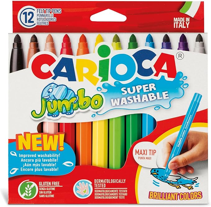 CARIOCA Jumbo Washable Markers for Kids – 12 Assorted Colors, 6 mm Maxi Felt Tip Pens with Wide Barrel, Non-Toxic, Easy to Hold, Art & School Supplies, Made in Italy