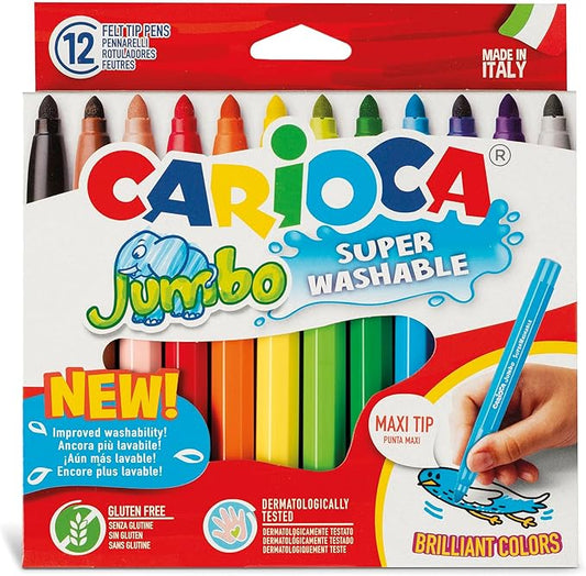 CARIOCA Jumbo Washable Markers for Kids – 12 Assorted Colors, 6 mm Maxi Felt Tip Pens with Wide Barrel, Non-Toxic, Easy to Hold, Art & School Supplies, Made in Italy