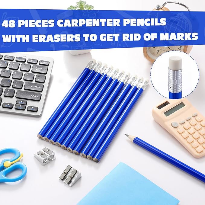 Fainne 48 Pcs Fat Pencils Jumbo Big Thick Large Pencils and 3 Pieces Sharpeners for Kids Beginners Preschoolers Kindergarten School Office Supplies (Blue+silver,Round)