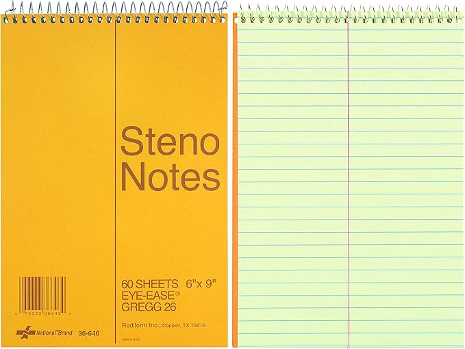 National Brand Brown Board Cover Steno Notebook, Green Paper, 6"x9", 12 Notebooks with 60 Sheets each (36646)