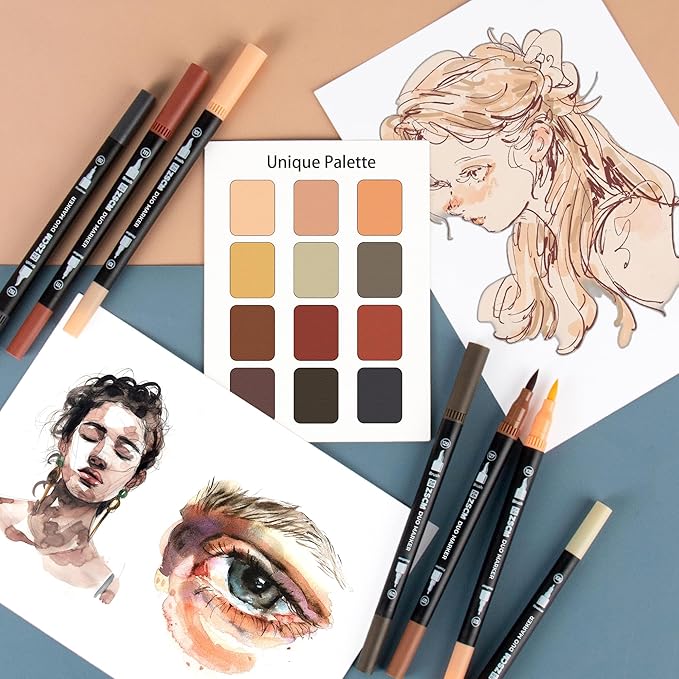 ZSCM Skin Tone Duo Tip Marker Pens, 12 Pack Fine & Brush Markers for Adult Coloring Books No Bleeding, Watercolor Skin Tone Markers for Hair and Portrait Sketch Drawing Lettering Writing Calligraphy