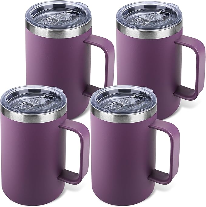 22oz Insulated Coffee Mug with Handle & Leak-Proof Lid - Double Wall Stainless Steel Travel Tumbler Bulk for Commute/Office/Home, Purple, 4 Pack