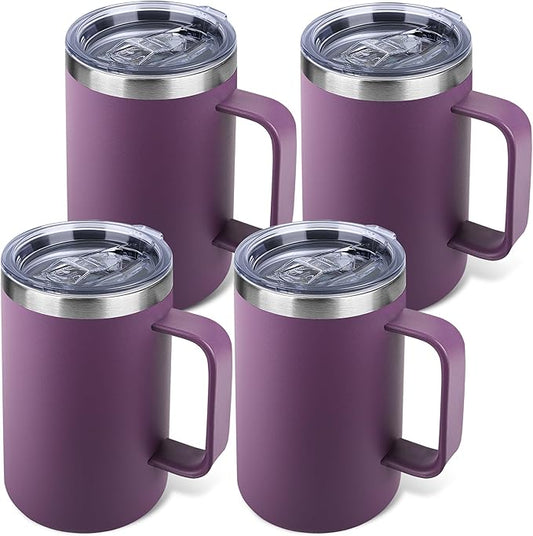 22oz Insulated Coffee Mug with Handle & Leak-Proof Lid - Double Wall Stainless Steel Travel Tumbler Bulk for Commute/Office/Home, Purple, 4 Pack