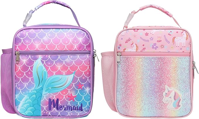 Bagseri 2 Pack Kids Lunch Box for Girls - Insulated Toddler Lunch Bag Fits Bento Box, Reusable Daycare Cooler Tote with Clip Handle, Water-Resistant Lining, Unicorn & Mermaid