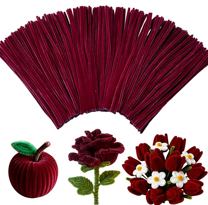 Pipe Cleaners,200Pcs Wine Red Pipe Cleaner Flower Kit,Chenille Stems for DIY Bouquet Festivals Room Decor,Valentine's Day Craft Supplies,Christmas Ornaments,Halloween Fall Decorations for Home Crafts
