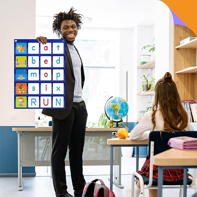 Magnetic Word Pocket Chart, 156 Double Sided Flashcards - CVC Words, First Words & 26 Letters, CVC Literacy Games, Phonics Reading and Spelling Learning Tool for Kindergarten Classroom