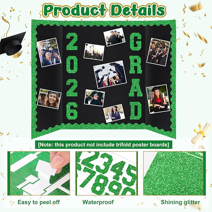 Green 175 Pcs Graduation Photo Display Board Sticker Glitter Border Trim Alphabet Letter Number for 2026 Grad Party Trifold Poster Photo Display Event Displays Bulletin Board