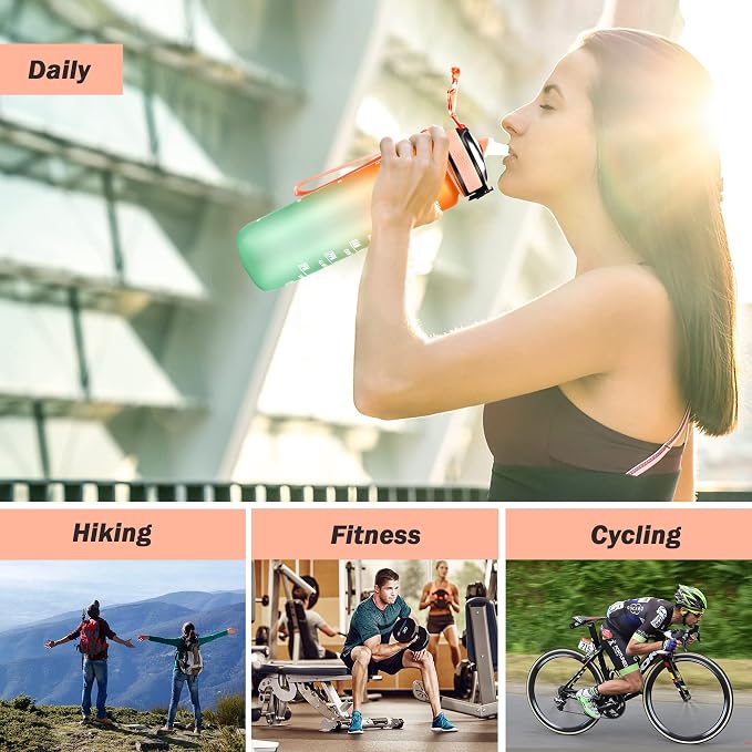 YC Kitchen Motivational Water Bottle with Time Marker - 32oz, Leak-proof BPA Free Sports Water Bottles with Straw & Carrying Strap (Pack of 2)