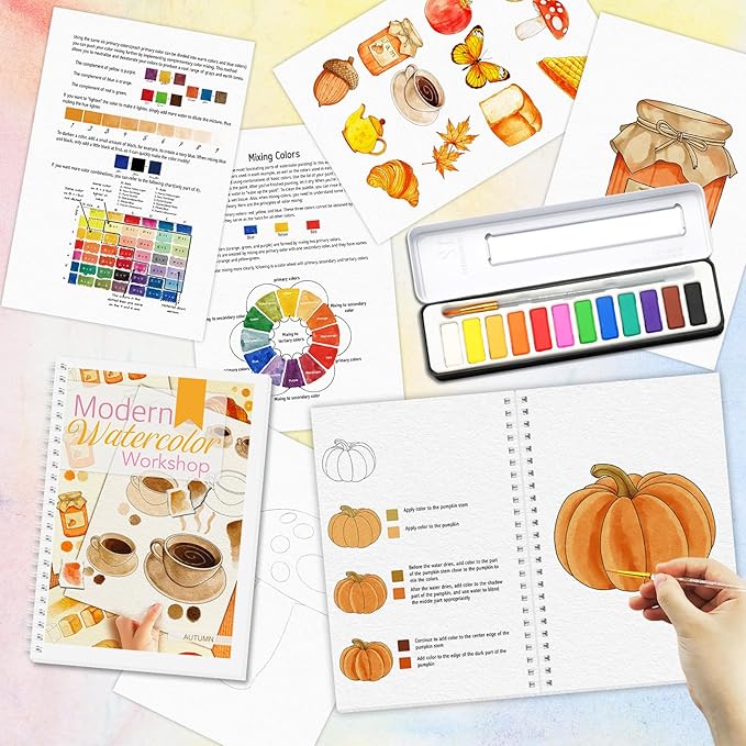 2Pcs Watercolor Workbook Beginner-Friendly Watercolor Workbooks Water Coloring Book with 12 Colors Paint Color, Beginner Watercolor Painting Kit with Step by Step for Adults Watercolor Paper