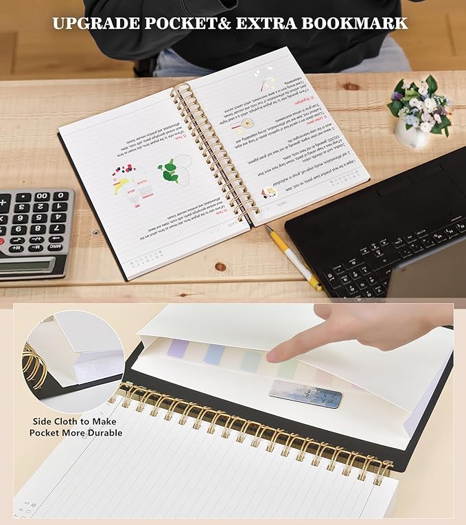 MUAHLIUB Spiral Notebook Journal College Ruled, 360 Pages Lined Thick Journals for Women Men, B5 Big Notebooks with 100GSM Paper, Spiral Bound Journaling for Writing Work School Black 7.6"×10"