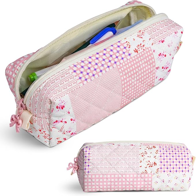 Cute Quilted Pencil Case for Girls Women, Aesthetic Small Floral Pencil Pouch,Slim Soft Pencil Bag for School Supplies Makeup Pouch for School & Daily Use (Pink Patchwork)