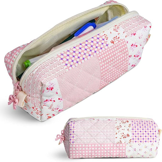 Cute Quilted Pencil Case for Girls Women, Aesthetic Small Floral Pencil Pouch,Slim Soft Pencil Bag for School Supplies Makeup Pouch for School & Daily Use (Pink Patchwork)