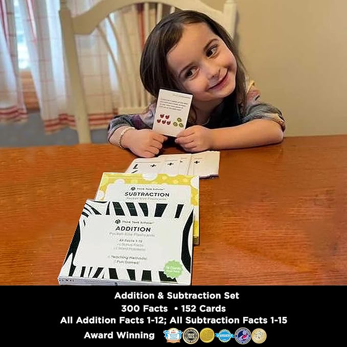Think Tank Scholar Addition and Subtraction Flash Cards - 150 Facts 1-12 - Sub Facts 1-15 - Award Winning Math Games - Learn Add & Subtract - Kids Ages 4-8 in Kindergarten, 1st, 2nd, 3rd, 4th Grade