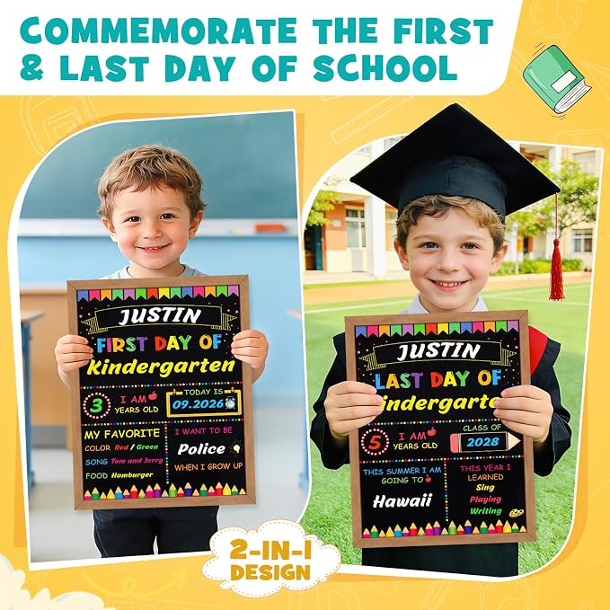 First & Last Day of School Signs with 6 Colorful Markers, 11 x 14 Inch Double Sided Back to School Board for Kids, Girls, Boys, Reusable Wooden 1st Day Chalkboard Sign of Preschool/Kindergarten