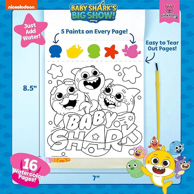 Horizon Baby Shark Watercolor Art Pad - Coloring Book & Painting Set - Shark Watercolor Painting Kit - Great Art Set for 3 Year Olds