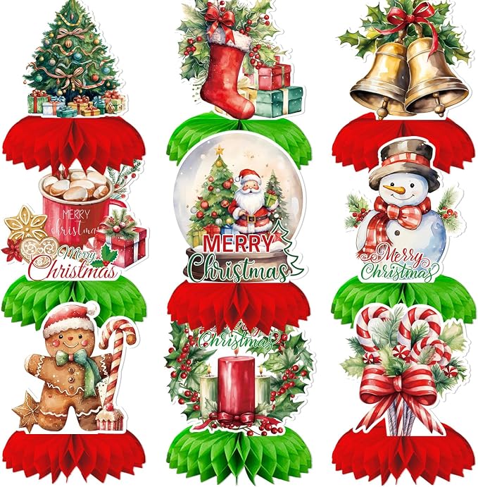 Christmas Party Centerpieces,9Pcs Christmas Honeycomb Centerpieces for Table,3D Vintage Xmas Table Decorations with Santa Claus,Christmas Tree,Snowman for Holiday Christmas Party Supplies