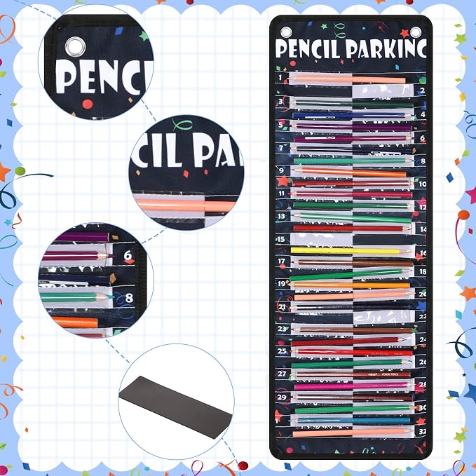 Sabary Pencil Parking Pocket for Classroom,Hanging Pencil Holder Wall Organization Numbered pencils Dispenser with Magnetic Strip Grommets for Back to School Student Essentials(Vivid)