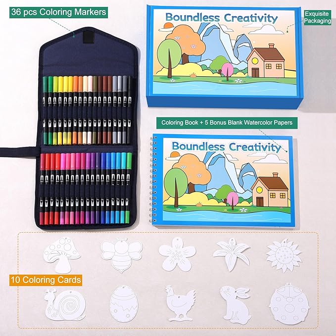 nauets 36 Colors Watercolor Markers with Coloring Book Set Brush & Fine Dual Tip No Bleeding Professional Paint Pens For Drawing Note taking Planner Calligraphy Journaling Card Making Art Supplies
