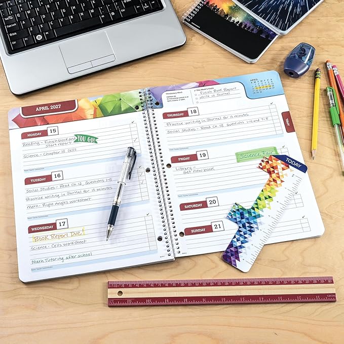 Global Datebooks 2026-2027 Middle & High School Student Planner 8.5" x 11" - Dated Weekly & Monthly Academic Planner with Ruler/Bookmark & Stickers, Ideal for Homework, Block Style, Galaxy