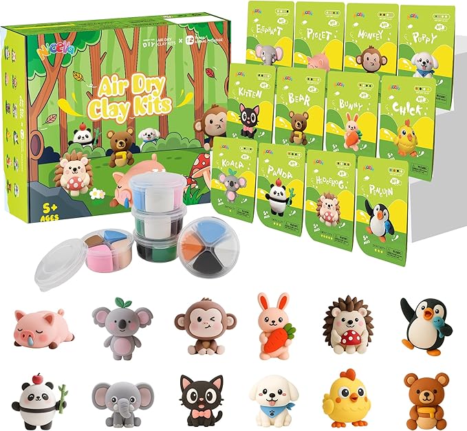 Nicella Air Dry Clay Kit, 12 Animals Modeling Clay for Kids, Model Magic Clay with Sculpting Tools and Tutorials, Safe & Non-Toxic, DIY Arts & Crafts School Projects, Home Party Favors for Boys Girls