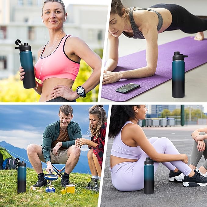 Fijinhom 24 oz Insulated Water Bottle with Handle, 304 Stainless Steel Water Bottles with 2 Lids, Double Wall Vacuum Sports Water Cup with Straw, BPA Free, Keep Cold and Hot, Blue/Black