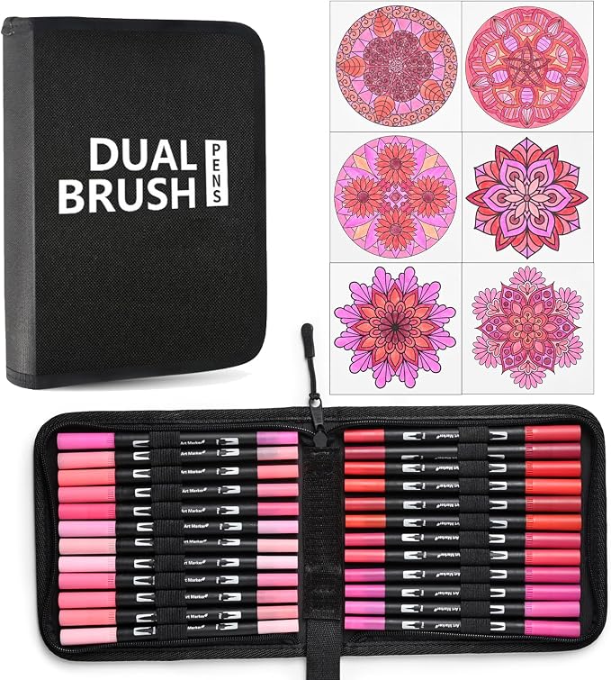 Red&Pink Dual Tip Brush Pen,Colored Fine & Brush Calligraphy Pens,Dual Tip Pink Markers for Adult Coloring Books Drawing Planner Calendar Art Sketch Outlining Sketching Calligraphy