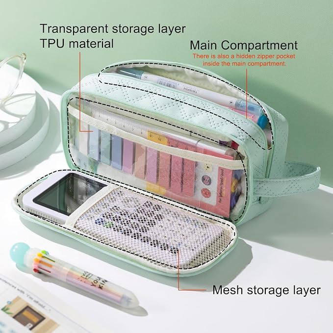 EASTHILL Large Capacity Pencil Case Cute Pencil Pouch with Handle Stationery Pen Bag for Teen Girls-Green