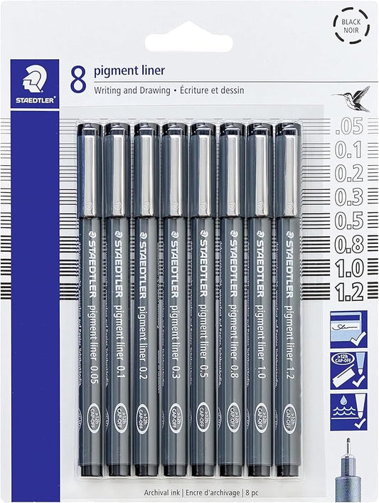 Staedtler Pigment Liner Pack, Black, 8 Pens, Assorted Line Widths, 0.05mm, 0.1mm, 0.2mm, 0.3mm, 0.5mm, 0.8mm, 1.0mm, 1.2mm