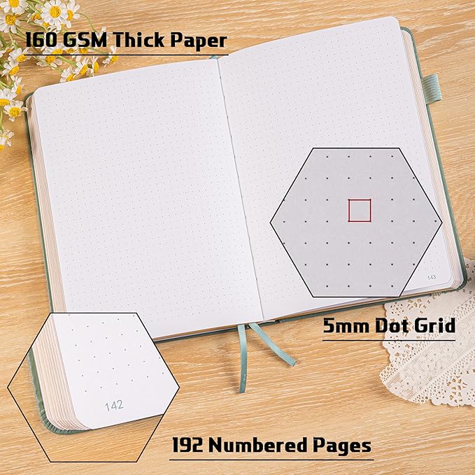 TIEFOSSI Dotted Journal Notebook, 160gsm 190 Numbered Thick Paper, A5 Hardcover Dotted Grid Diary for Women Men Work Writing, Journaling, Drawing, 5.8 x 8.3 in