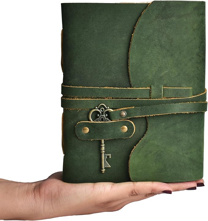 LEATHER VILLAGE Vintage Leather Journal – 200 Handmade Vintage Deckle Edge Paper – Leather bound Journal For Women Men – Vintage Key Closure - Book of Shadows - Green - 6X4 inches (A6)