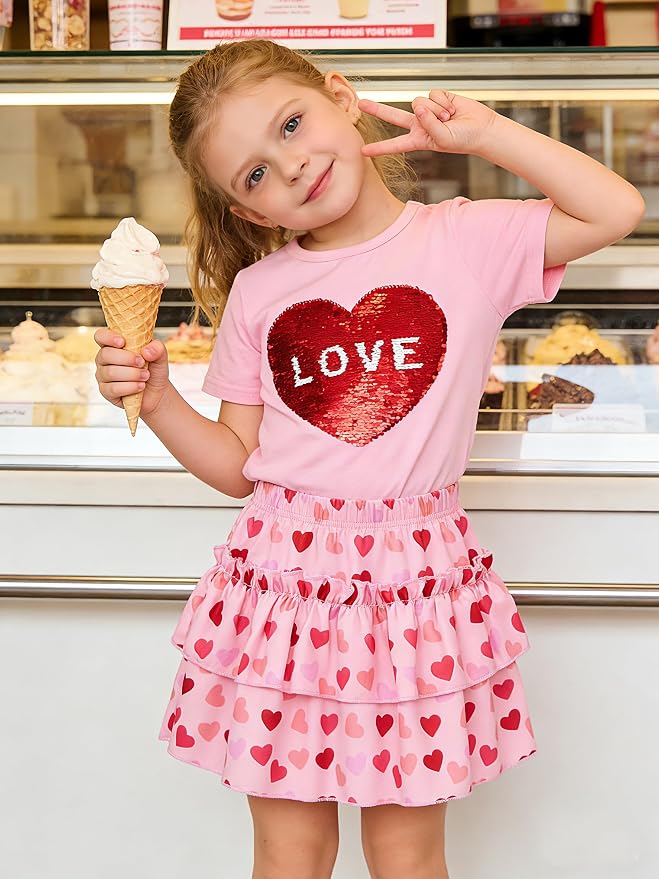 Little Girls Skirt Set - 2 Piece Short Sleeve Top Shirred Tiered Skirt Outfit Girls Spring Summer Clothes 3-8 Years