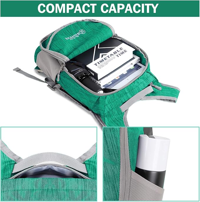 ZOMAKE Lightweight Packable Backpack, 18L Small Foldable Daypack for Hiking | Water Resistant Collapsible Backpacks for Women Men, Everyday Carry, Multi Compartment Storage, Adjustable Strap(Dark Green)