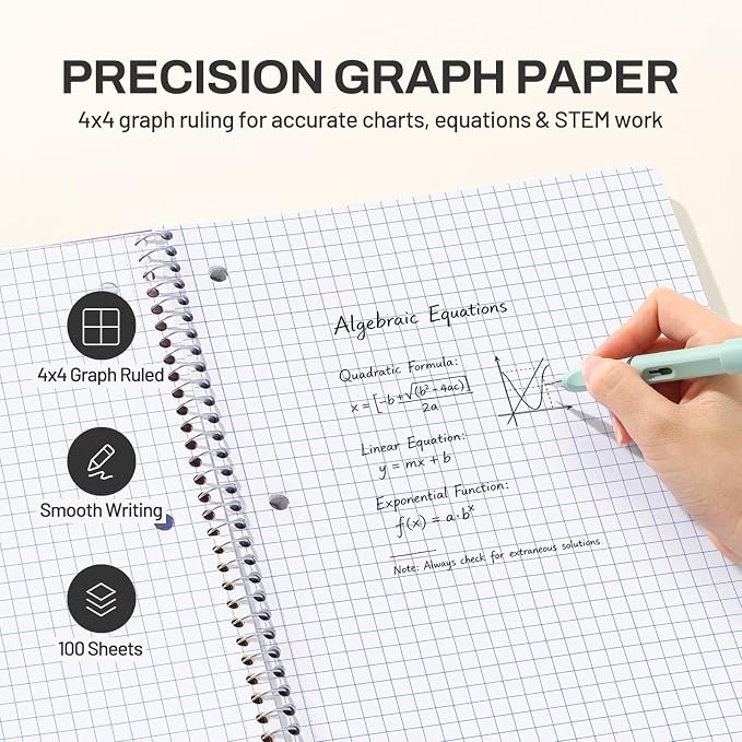 SUNEE Spiral Notebook, 1-Subject, Graph Ruled Paper, 8" x 10-1/2", 100 Sheets per Notebook, 3-Hole Punched Paper, Water Resistant Cover, Spiral Grid Notebooks for Work, Home, School, Writing, Black
