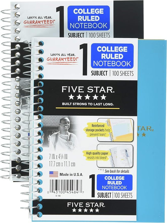 Mead Five Star Spiral Notebooks, 1 Subject, College Ruled Paper, 100 Sheets, 7 x 4-3/8", Personal Size, Colors Selected For You, 2 Pack (73707)