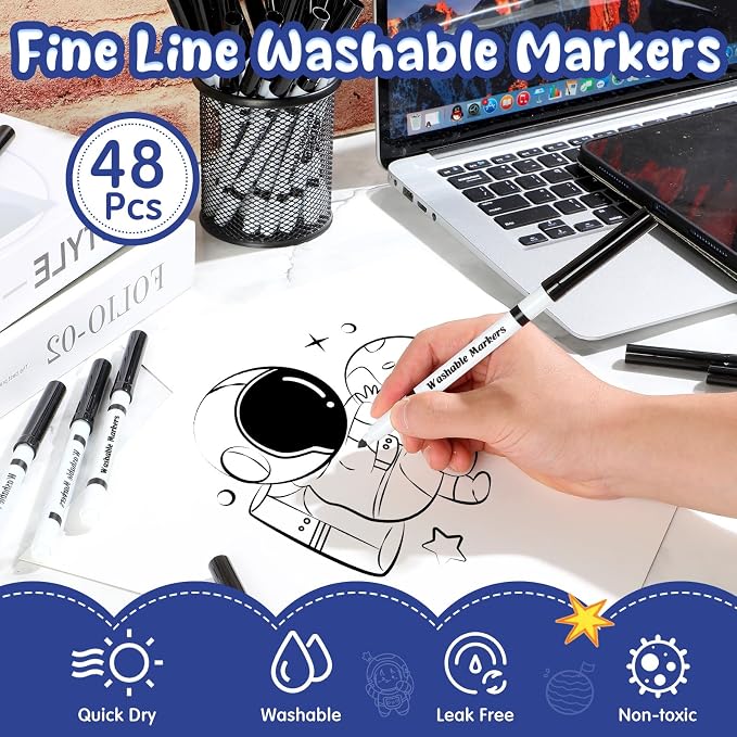48 Pcs Line Washable Markers Bulk Black Fine Tip Markers Set Thin Coloring Marker Pens Black Tips Marker for Art Supplies, Ages 6+