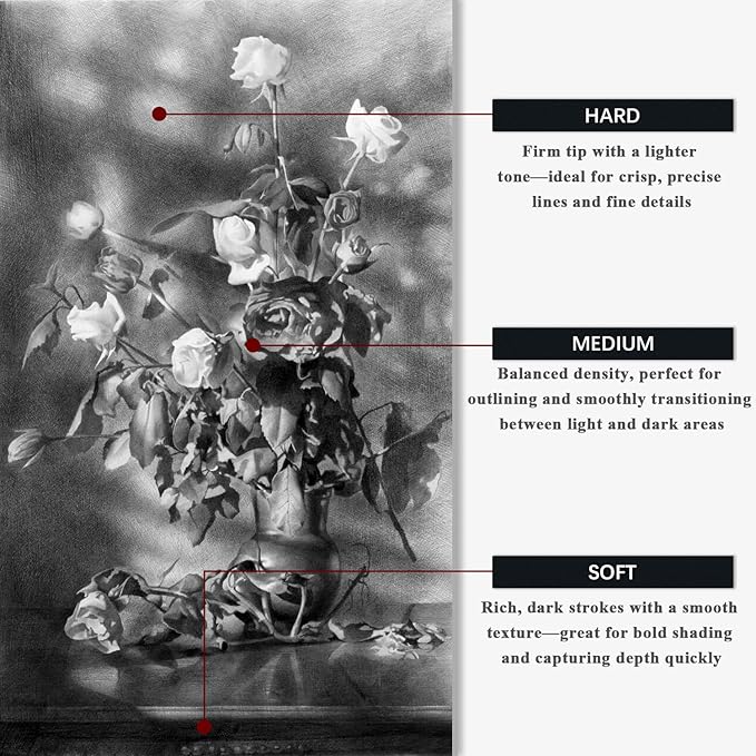 Aenir Compressed Charcoal Sticks Set of 12 – Soft, Medium, Hard Charcoal for Drawing, Sketching & Shading – Art Supplies for Artists, Beginners & Adults