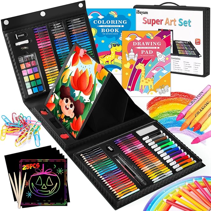 iBayam Art Kit, 251-Pack Art Supplies Drawing Kits, Arts and Crafts Gifts Box for Adult, Art Set Case with Trifold Easel, Scratch Paper, Sketch Pad, Coloring Book, Crayons, Pencils