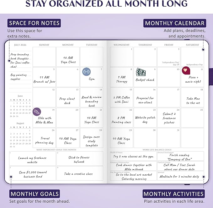 Legend Dated Hourly Weekly Planner 2026 – Daily, Monthly & Yearly Agenda with Time Slots – Hardcover Organizer Journal, 5.8x8.3” (Purple)