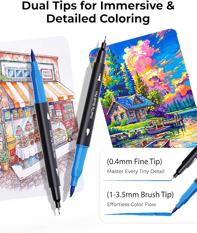 JusArt Markers for Adult Coloring Books No Bleeding, 80 Colors Coloring Markers with Dual Tips, Fine & Brush Pens with Ergonomic Triangle Grip & 33% More Ink, Water-Based Art Drawing Set for Adults
