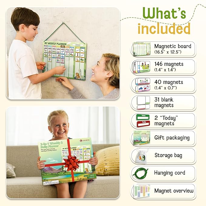 LIKARTO Visual Schedule for Kids - 2-in-1 Weekly + Daily Schedule - Magnetic Schedule with 188 Magnets and Magnetic Backing - Chore Chart Kids - Routine Chart for Toddlers, Autism, ADHD - Green