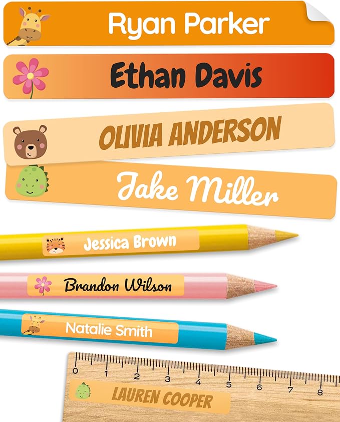 Personalized Kids Name Labels for Pencils Orange [150pcs] - Waterproof Name Stickers for School & Daycare - Pencil Custom Name Stickers - Children Name Stick On Labels for Pens (2.0”x0.3”)
