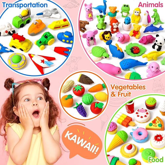 90 Pack Animal Erasers for Kids Bulk Desk Pets Classroom Prizes Treasure Box Toys for Classroom Supplies, 3D Puzzle Mini Erasers Pencil Eraser Back to School Supplies for Kids Party Favors (Random)