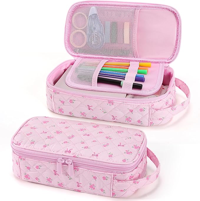 Cute Floral Quilted Pencil Case for Girls, Large Aesthetic Pen Pouch with Handle, Multi Compartment Stationery Organizer, Portable Travel Cosmetic Makeup Bag Back to School
