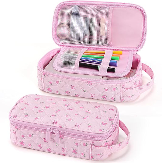 Cute Floral Quilted Pencil Case for Girls, Large Aesthetic Pen Pouch with Handle, Multi Compartment Stationery Organizer, Portable Travel Cosmetic Makeup Bag Back to School