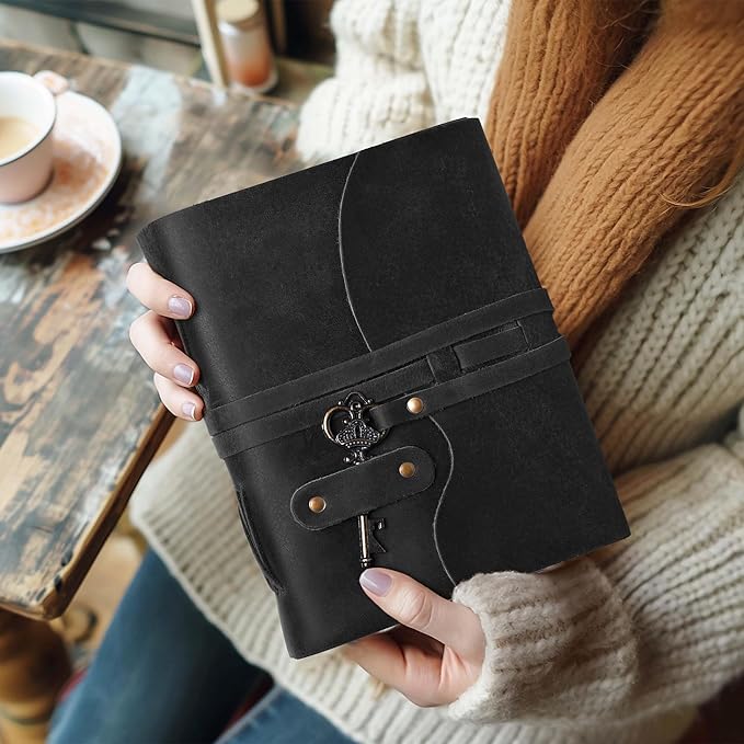 LEATHER VILLAGE Vintage Leather Journal – 200 Handmade Vintage Deckle Edge Paper – Leather bound Journal For Women Men – Vintage Key Closure - Book of Shadows - Black - 8X6 inches (A5)