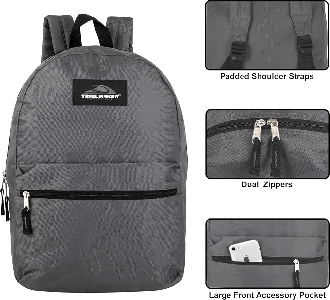 Trail maker 24 Pack- Classic 17 Inch Backpacks in Bulk Wholesale Back Packs for Boys and Girls (Gray)